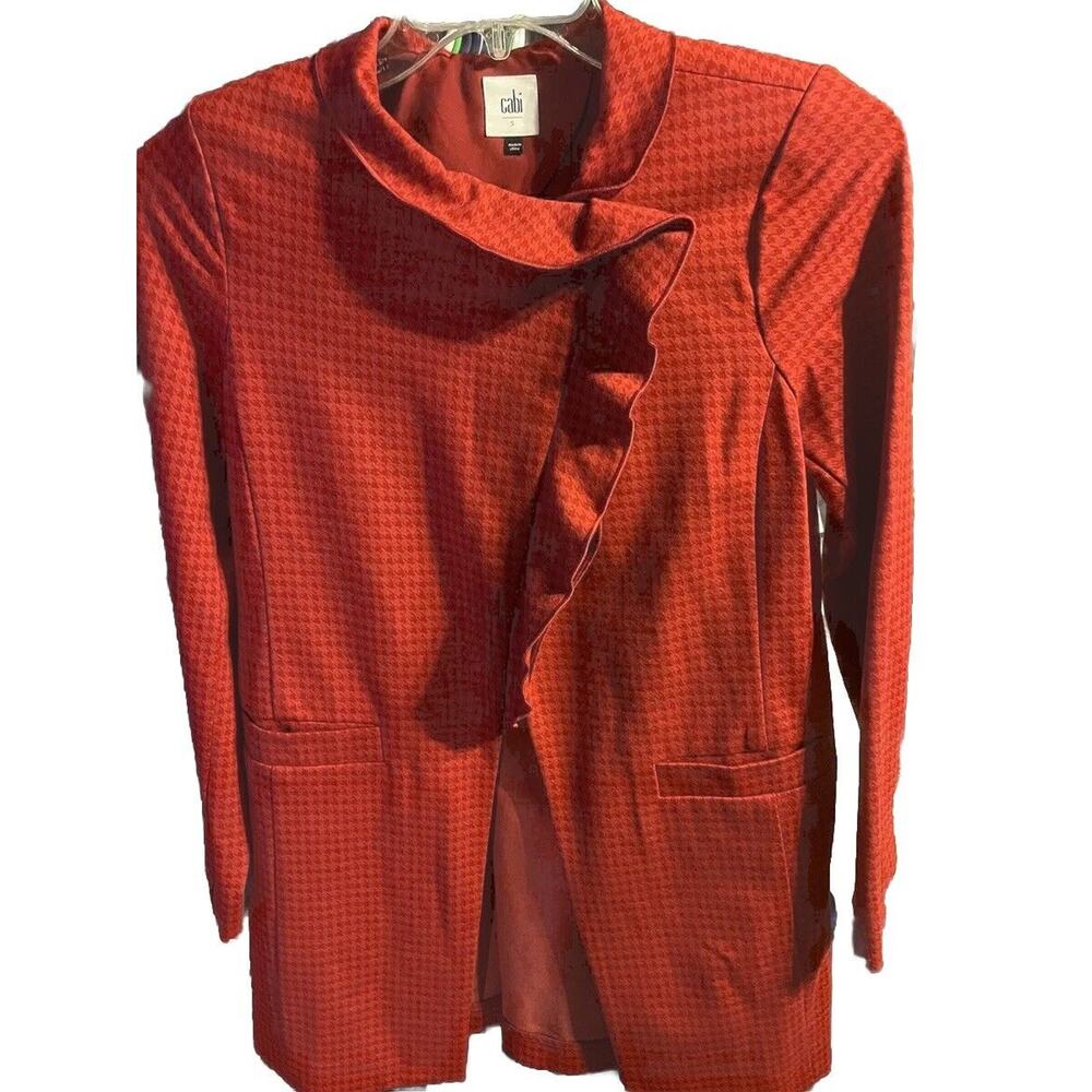 Cabi Red Celebration Houndstooth Jacket Long Ruffle Mock Neck Size Small